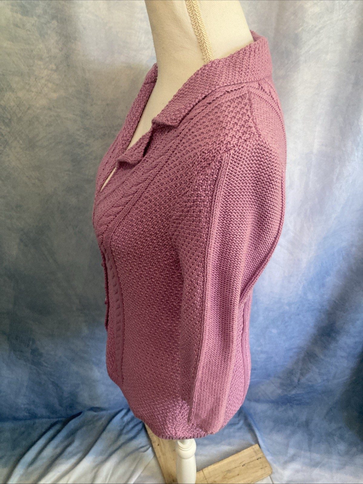 Vtg Y2K Heather B Purple Knit Cardigan Top S Cotton 3/4 Sleeve Collared Coquette