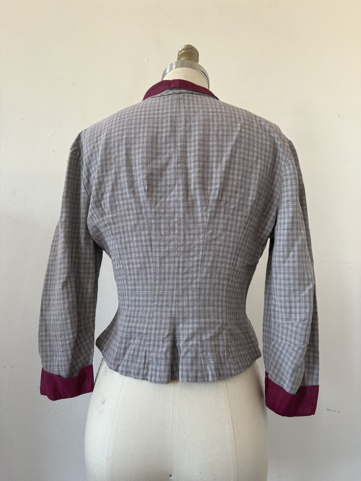 1940s Plaid Rayon Structured Peplum Jacket/Bodice Top W/ Contrast Faille Trim S