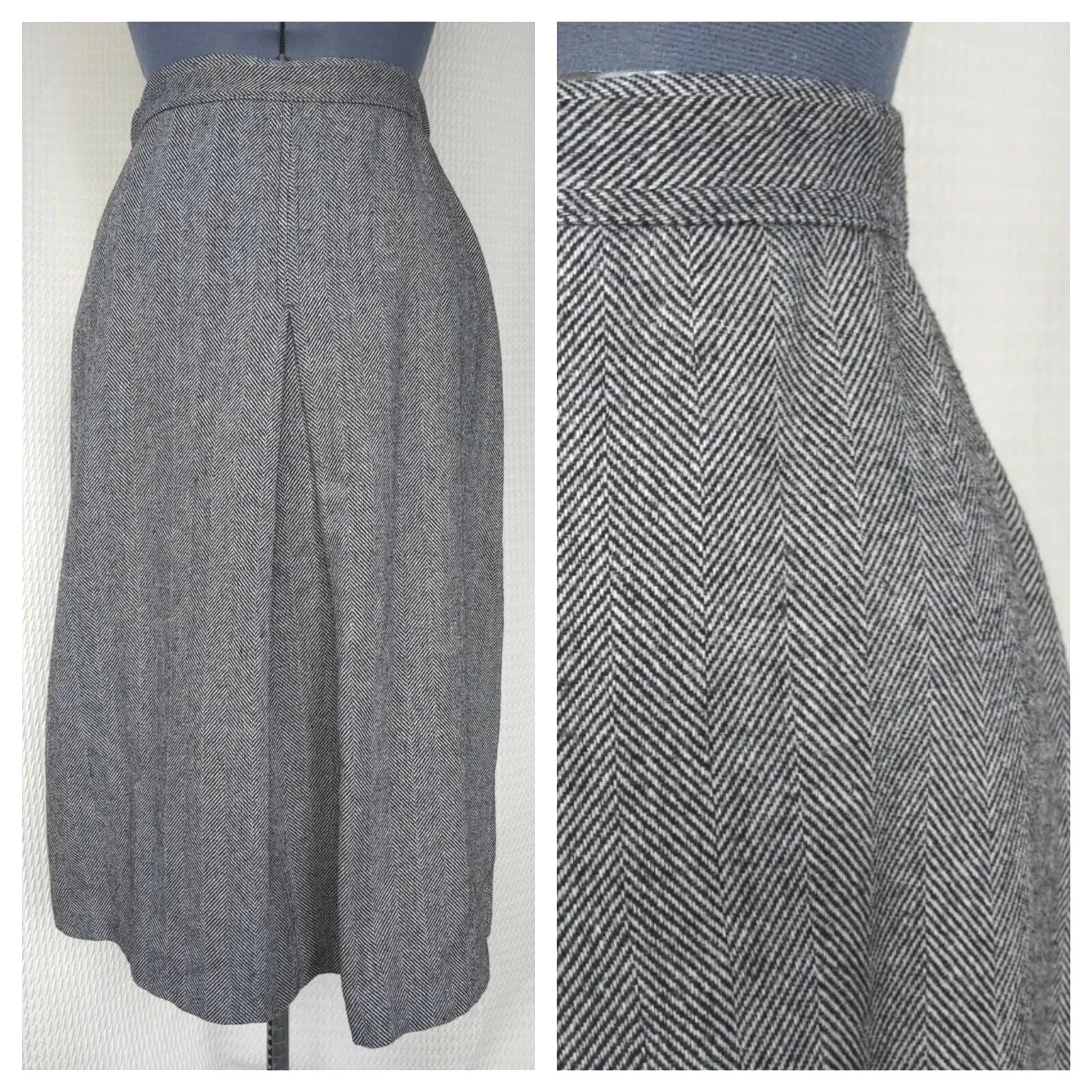 Vtg Skirt by Russ in Grey Herringbone w Front Inverted Pleat 26-28″ Waist Sz SM?