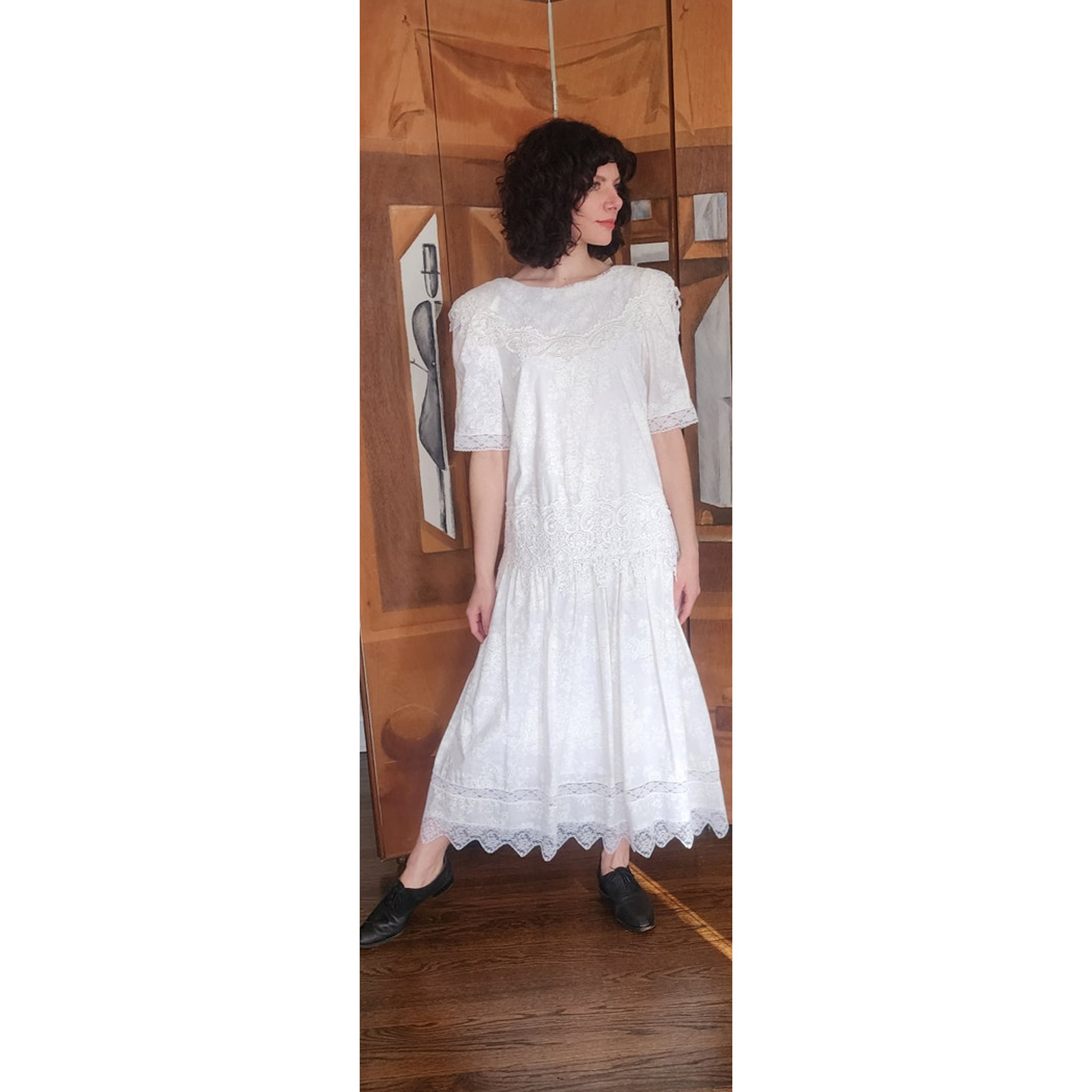 Vintage 1980s Scott McClintock White Lace Dress Drop Waist Puffed Sleeves NWT