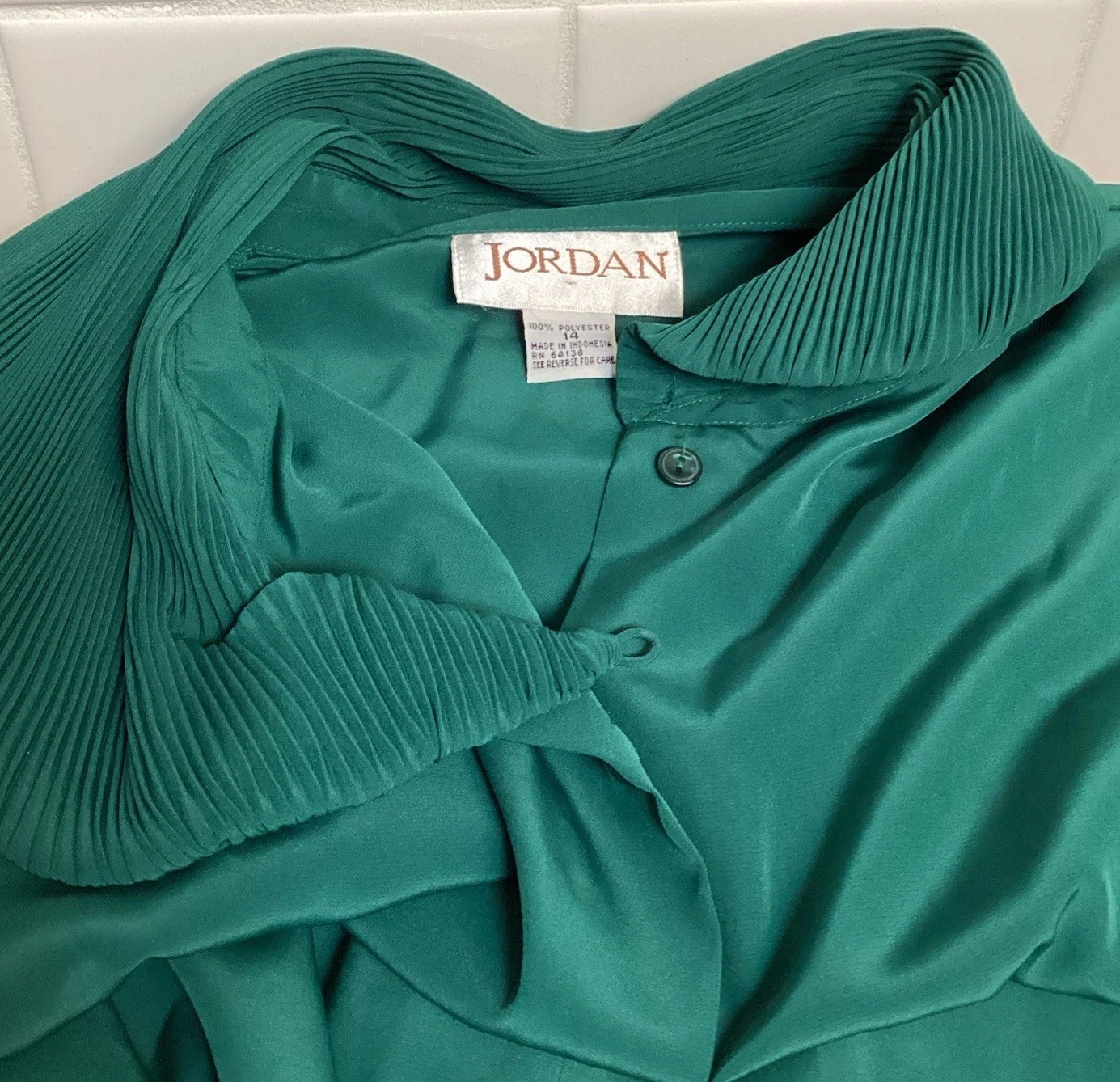 Womens Vintage Emerald Hunter Green Dress Blouse Sz 14 Elegant Pleated Cowl Neck