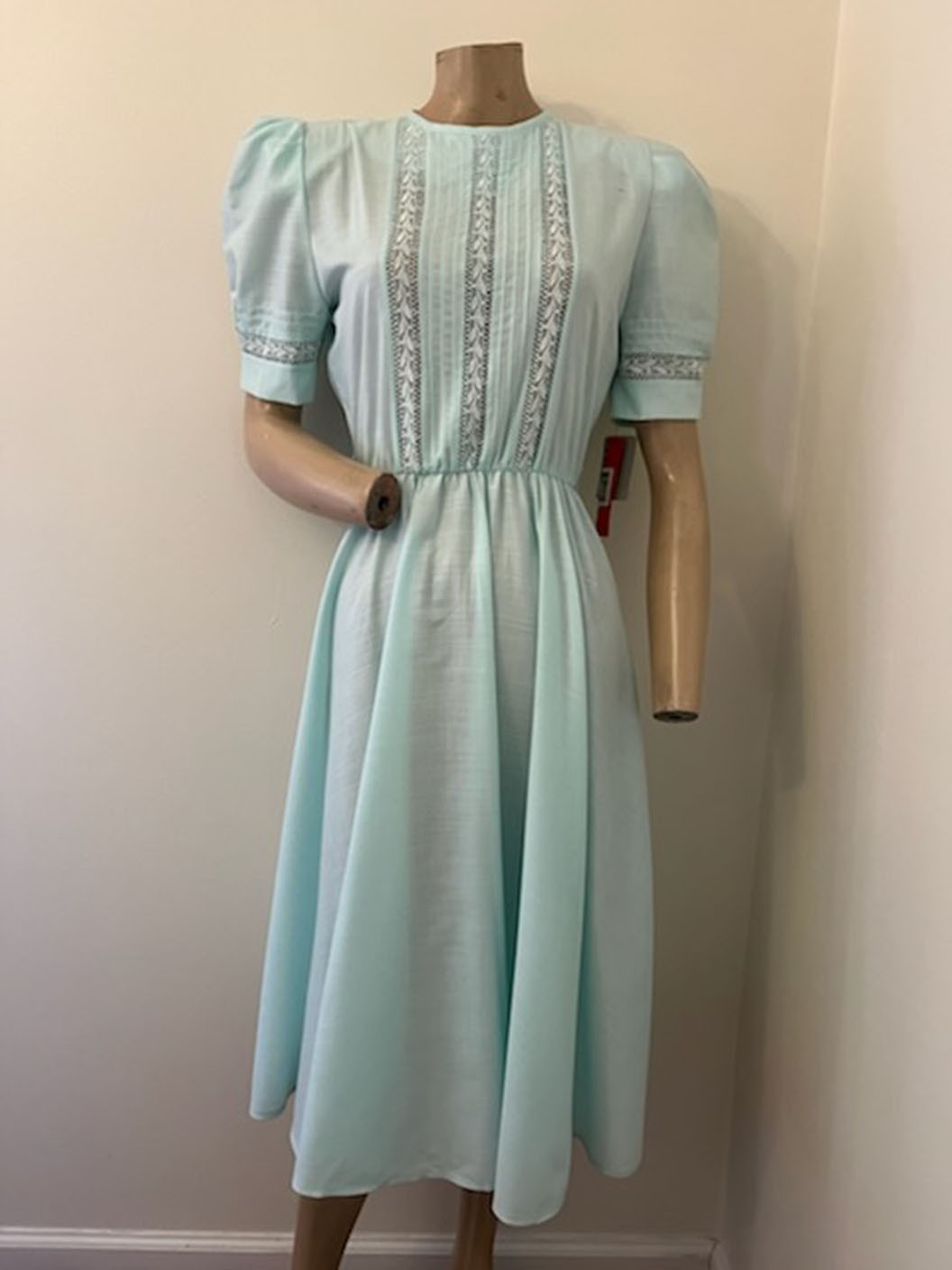 NWT Vintage 80s Leslie Fay Mint Green Puff Sleeve Crochet Secretary Dress XS/S