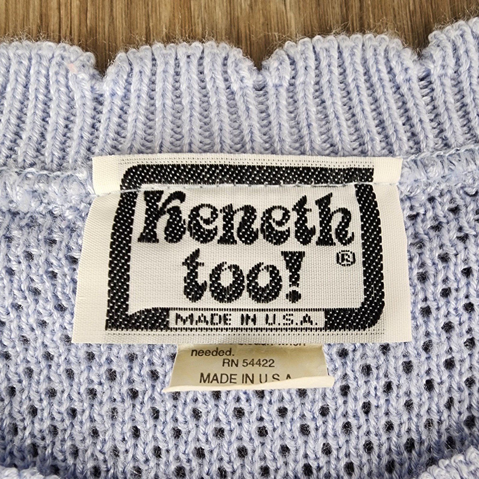 Keneth Too! Vintage Women Light Blue Pointelle Rose Short Sleeve Sweater Small