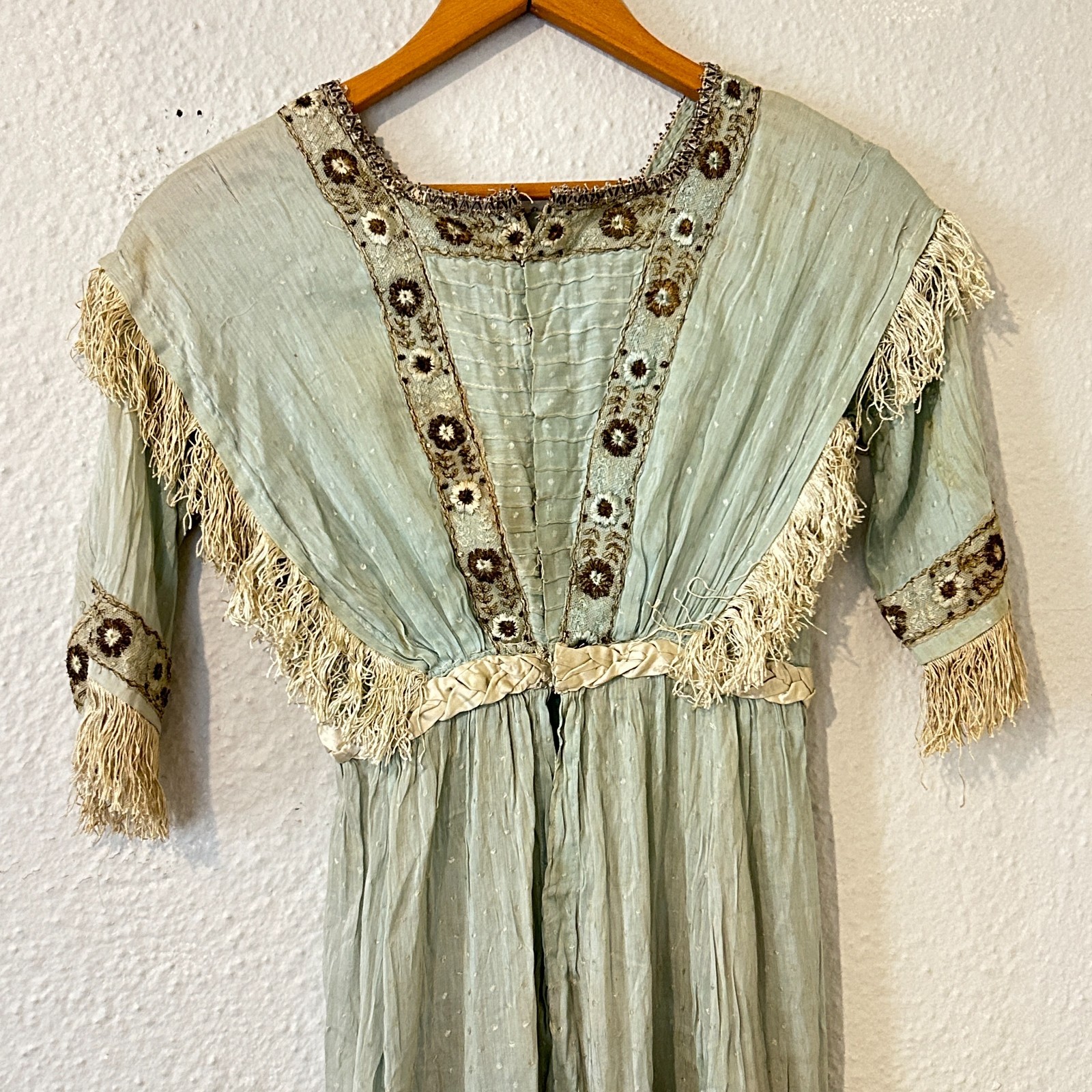 READ AS IS Antique Edwardian Blue Dress Fringe Trim Embroidered Study Fragile