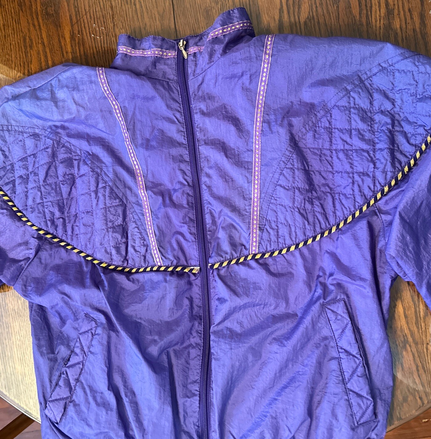 VTG 80s Windbreaker Tracksuit Jacket – Just For Petites Small-Purple Gold Quilt
