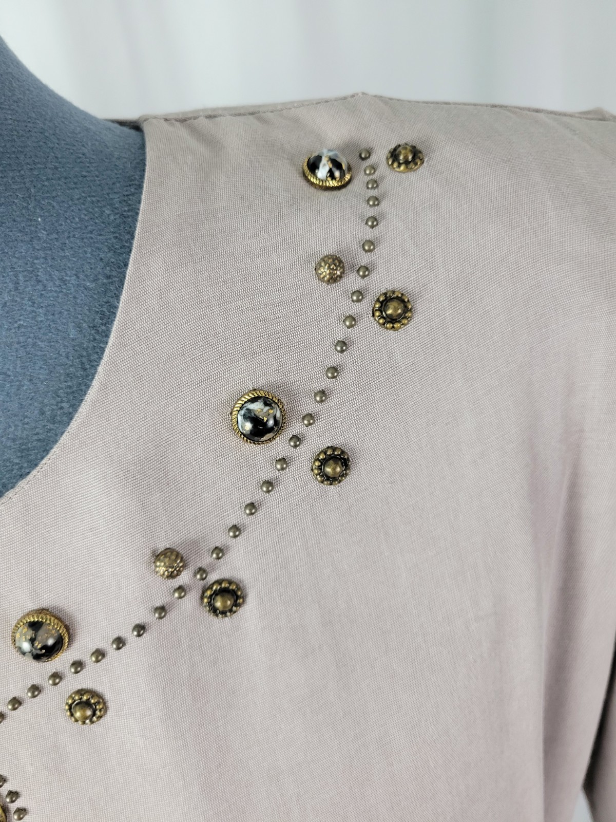 Vintage Impulsive Grey/Tan Blouson Dress w Peplum & Stone Accents Size 14