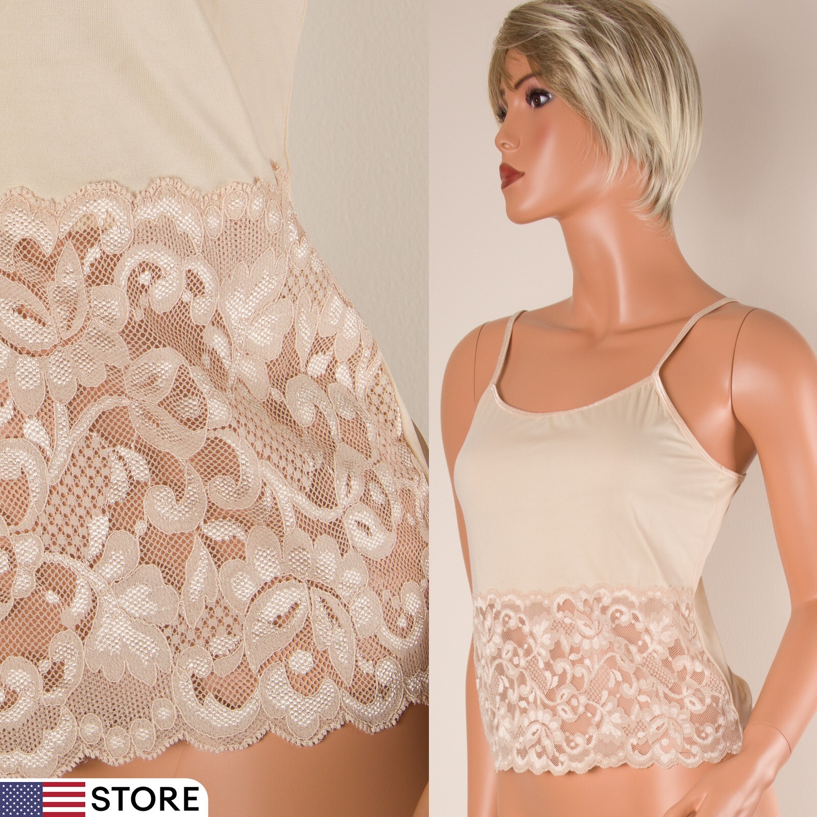 💖 HANES Sz M Beige Cami Tank Crop Top Stretch Nylon Adjustable Strap Wide Lace