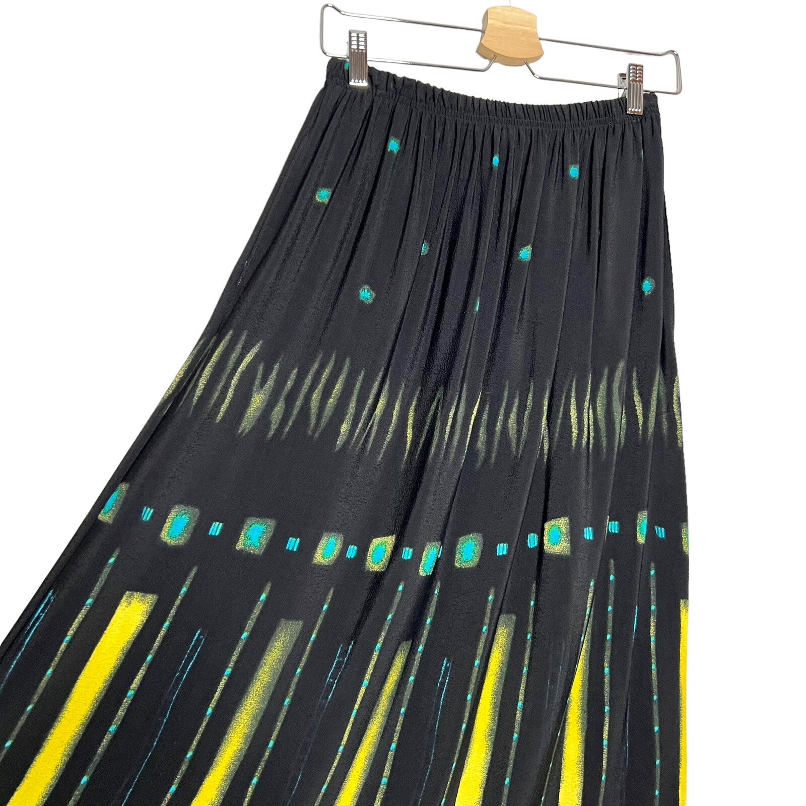 Vtg Nino Wong Rayon Black Teal & Bright Yellow Abstract Print Maxi Skirt Medium