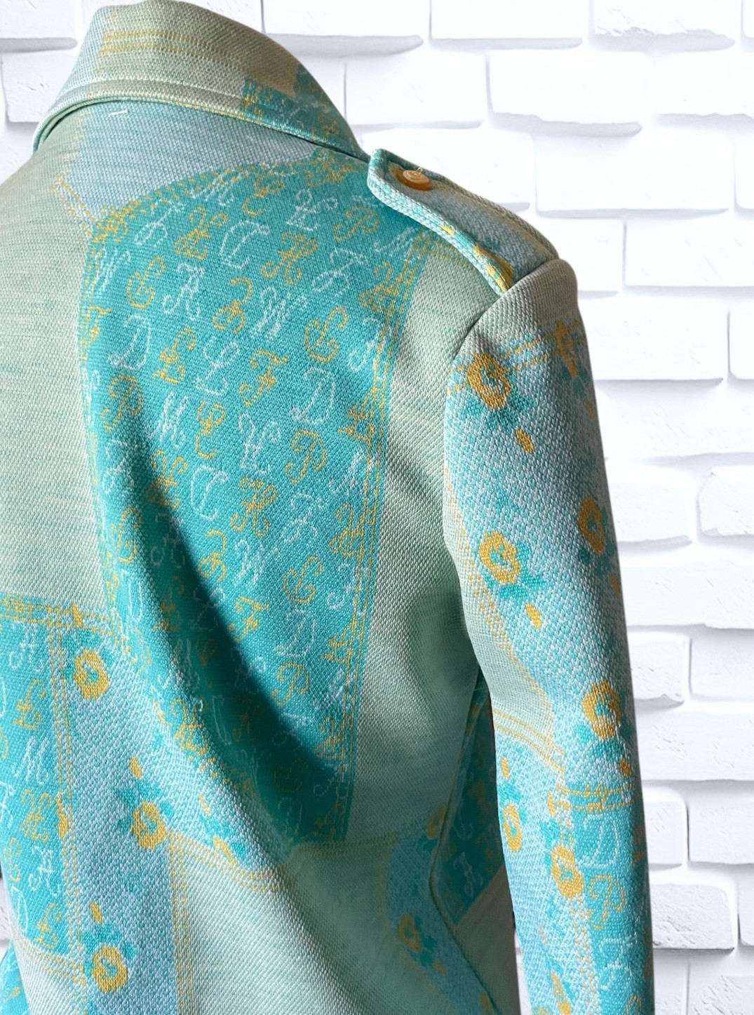 1960’s Teal, Sea Foam Green & Yellow Patchwork & Monogram Pattern Suit Spring