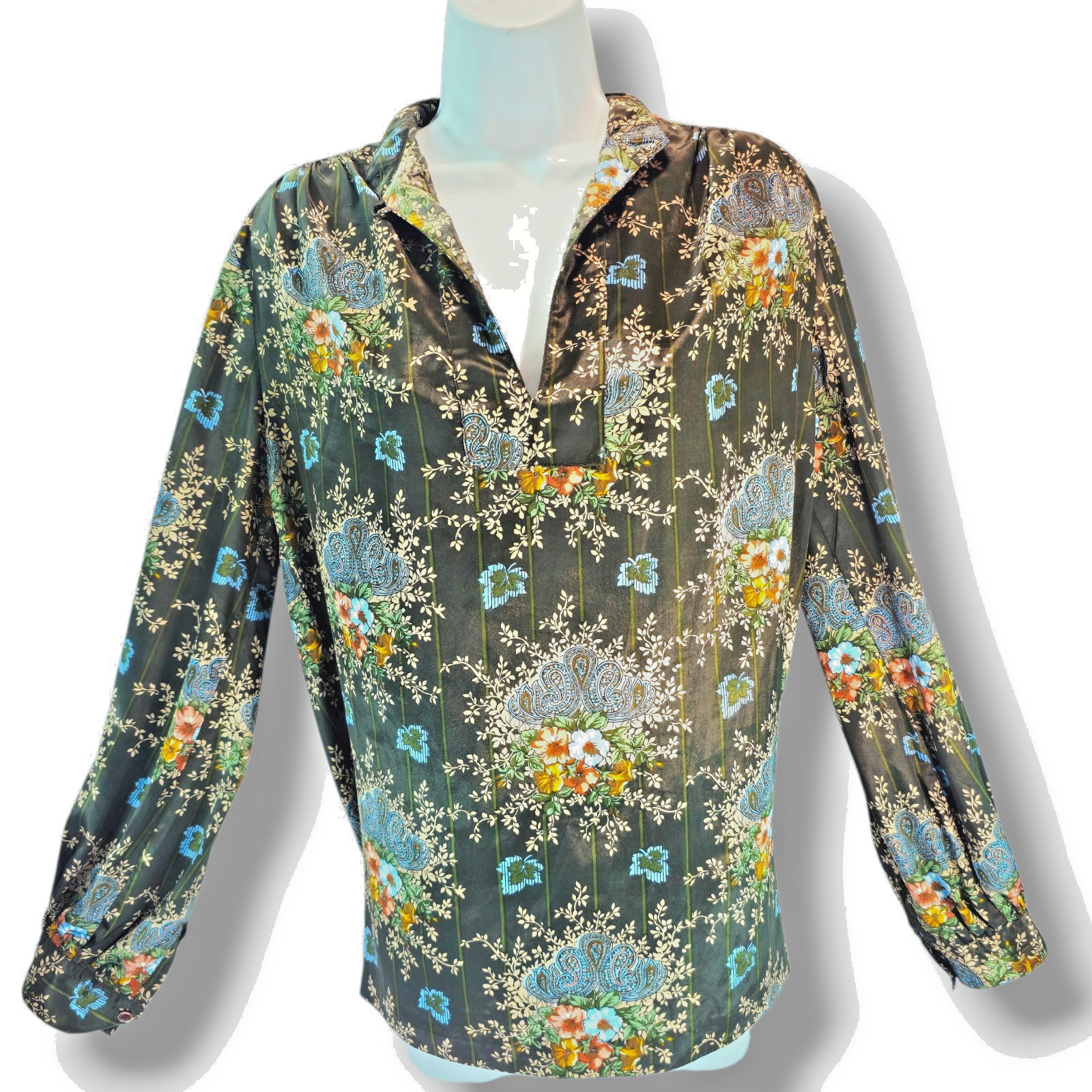 VTG 70’s Lady Manhattan Brown Paisley & Floral Blouse Sz 12 Replique Collection