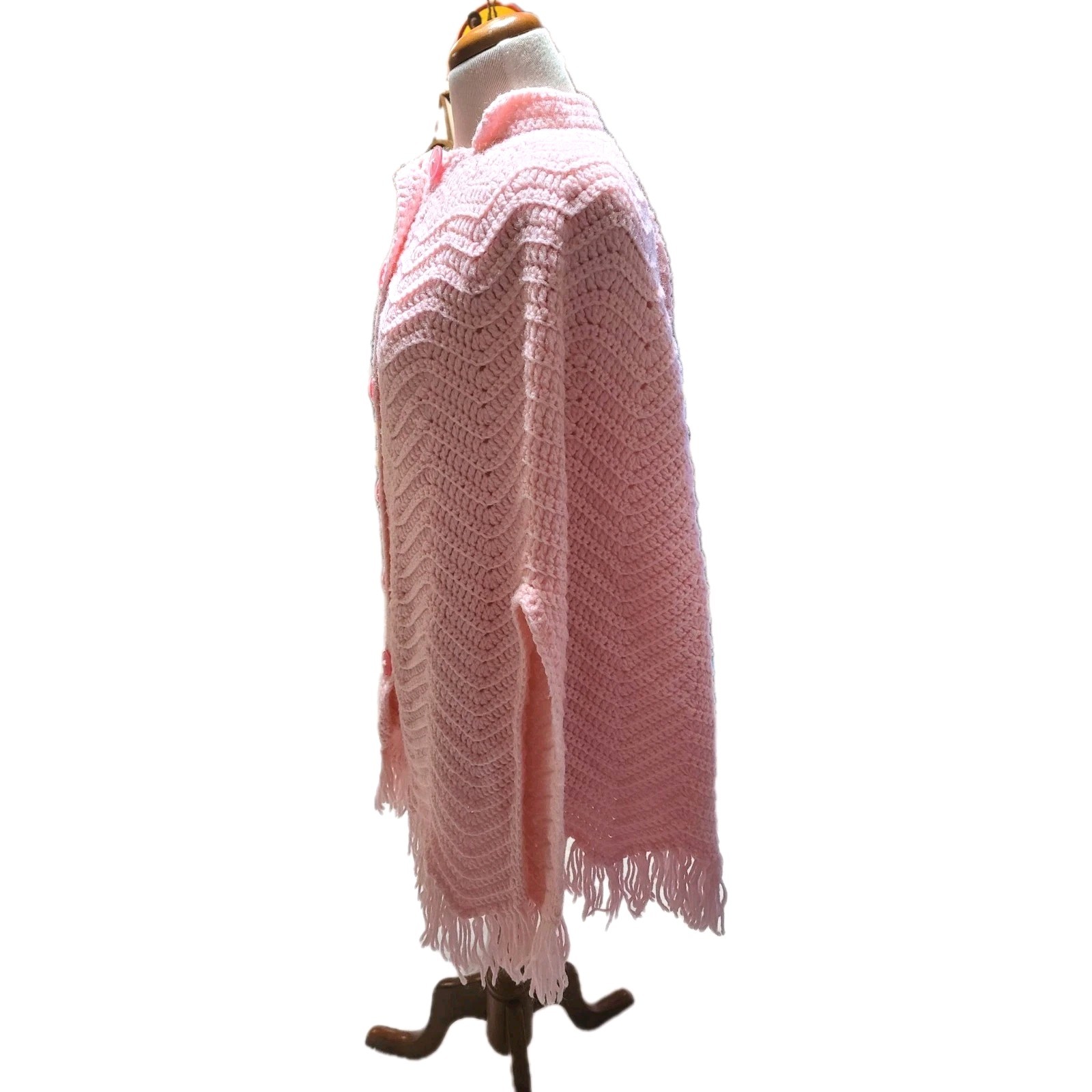 Pink Crochet Cape W/Fringe Button Front Handmade Vtg OSFM Cottage Core