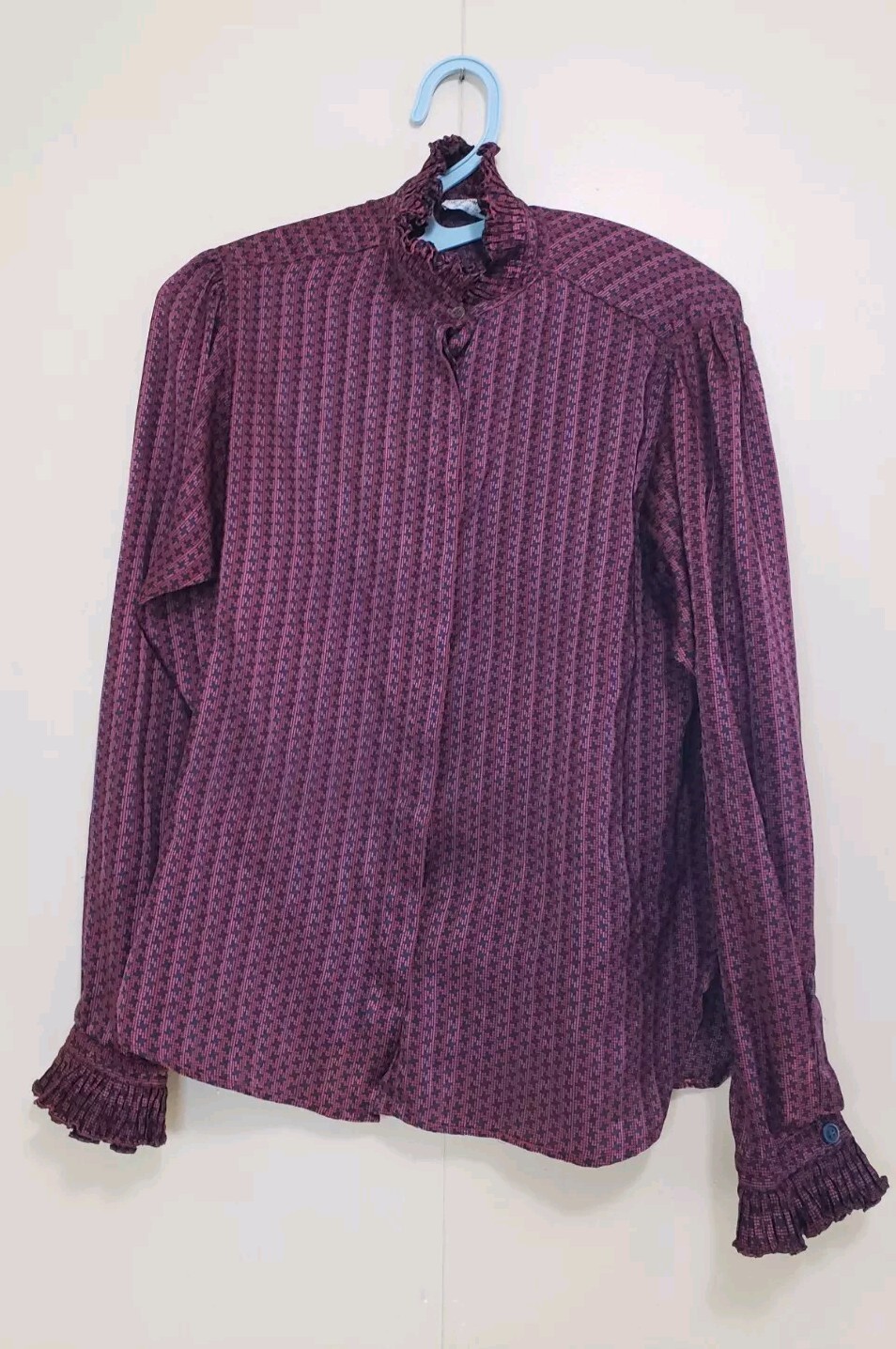 Vtg Evan Picone Women S Blouse Red High Collar Pleated Ruffle Sleeve Union Made