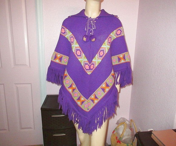 Vtg 70s Crochet Poncho Heavy Knit Sweater Coat Fringe Poms Boho Aztec Southweste