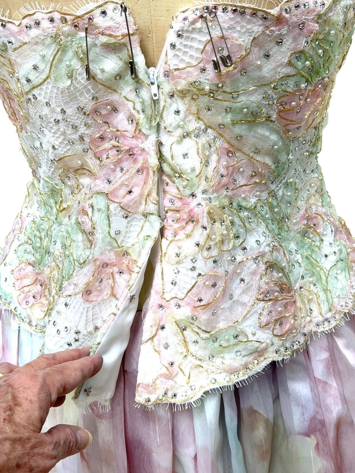 Vintage 80s Rose Taft Couture Fashions gown pastel beaded strapless with bolero