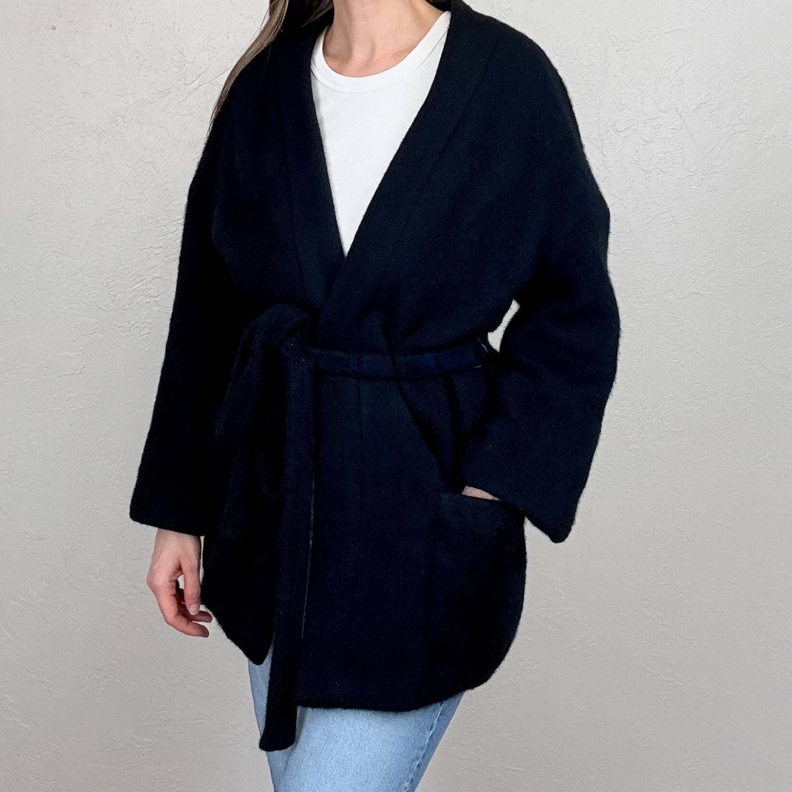Rare Valentino 1960s Vintage Kimono / Smoking Jacket Style Wrap Jacket Black S/M
