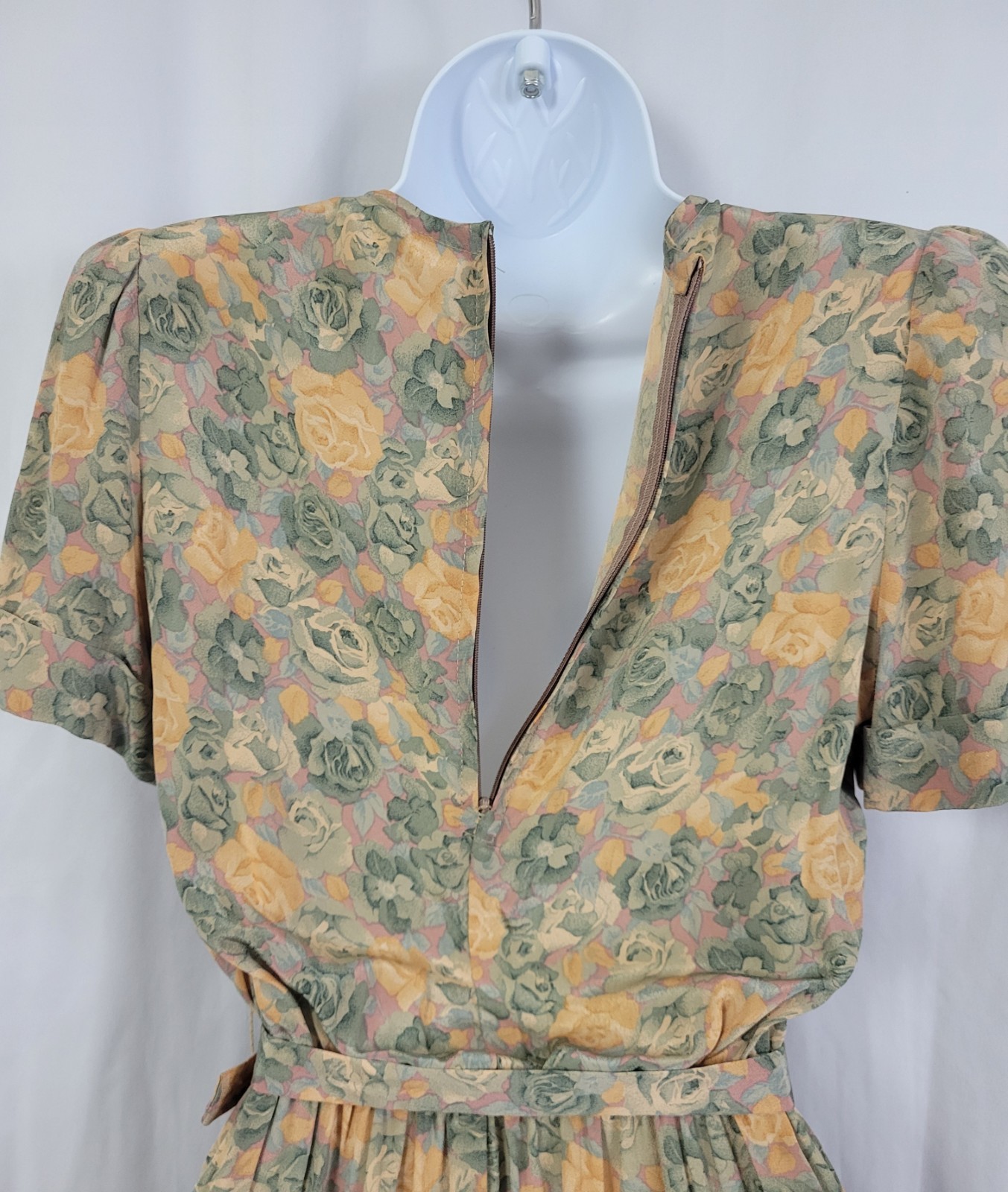 Vintage Taurus II Muted Green & Gold Floral Blouson Dress w Belt Size 4