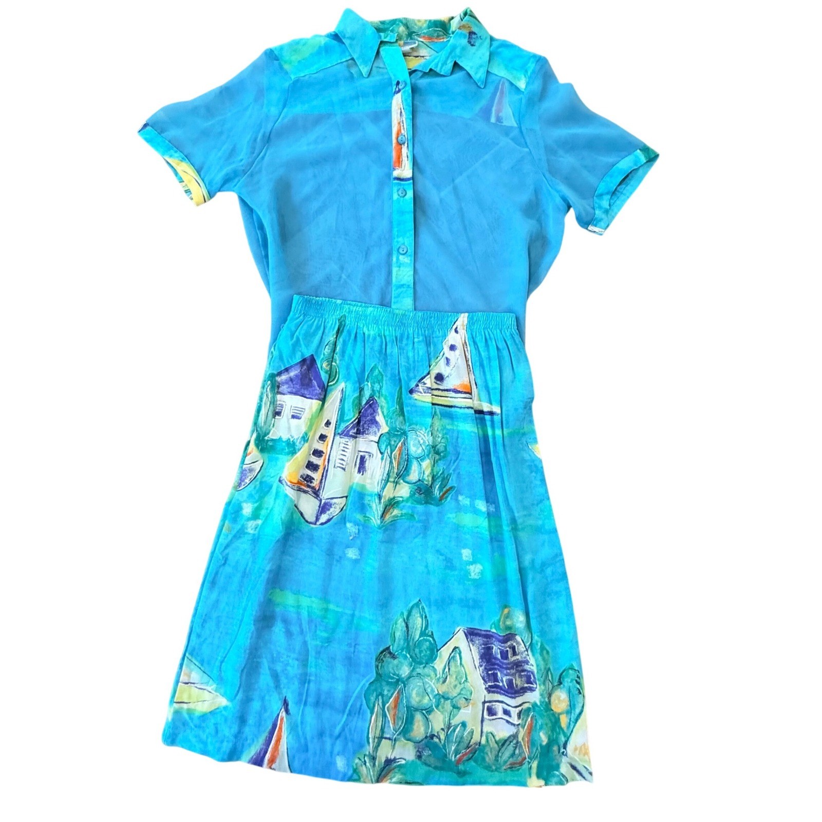 VTG SeaSuns Blue Sailboat Print Sheer Skirt/Top Set Nautical Resortwear Cruise