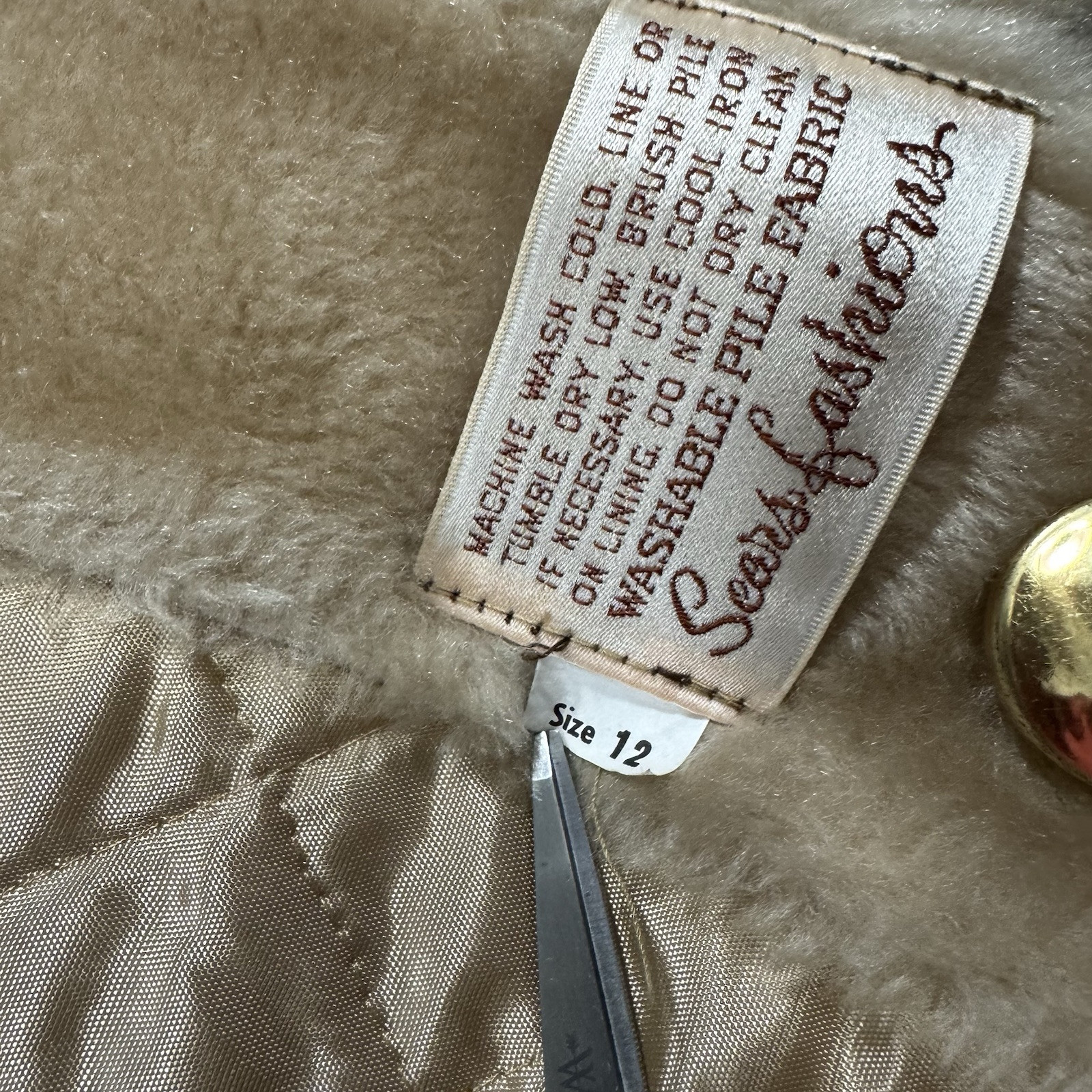 Vintage Sears Coat Womens 12 Faux Fur Camel Beige Gold Buttons Double Breasted