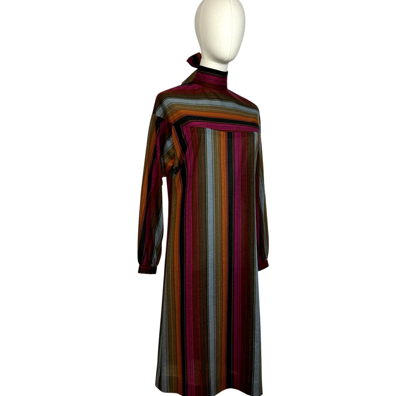 VTG 70s Knit Turtleneck Midi Dress L Pussy Bow Multicolor Bespoke Retro Twee