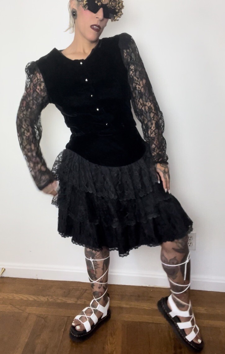 GOTH Punk 1980’s 80s Vintage Velvet & Sheer Lace Sleeve Prom Top Skirt Dress S M
