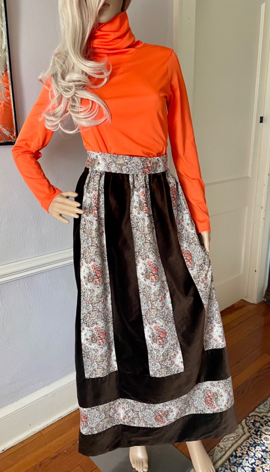 1970s Mr Hank Vintage Set, Velvet Patchwork Maxi Skirt, Cowl Neck Top, Size S