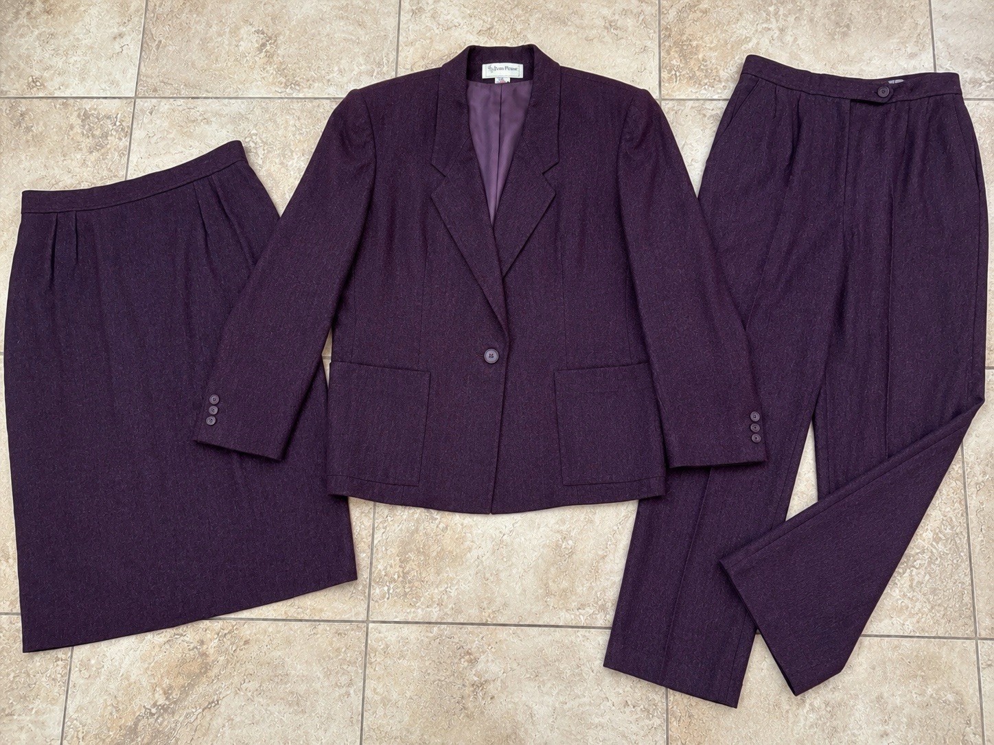 Vintage Evan Picone 3 Piece Suit Wool Mohair Purple Blazer Skirt Pants Size 16