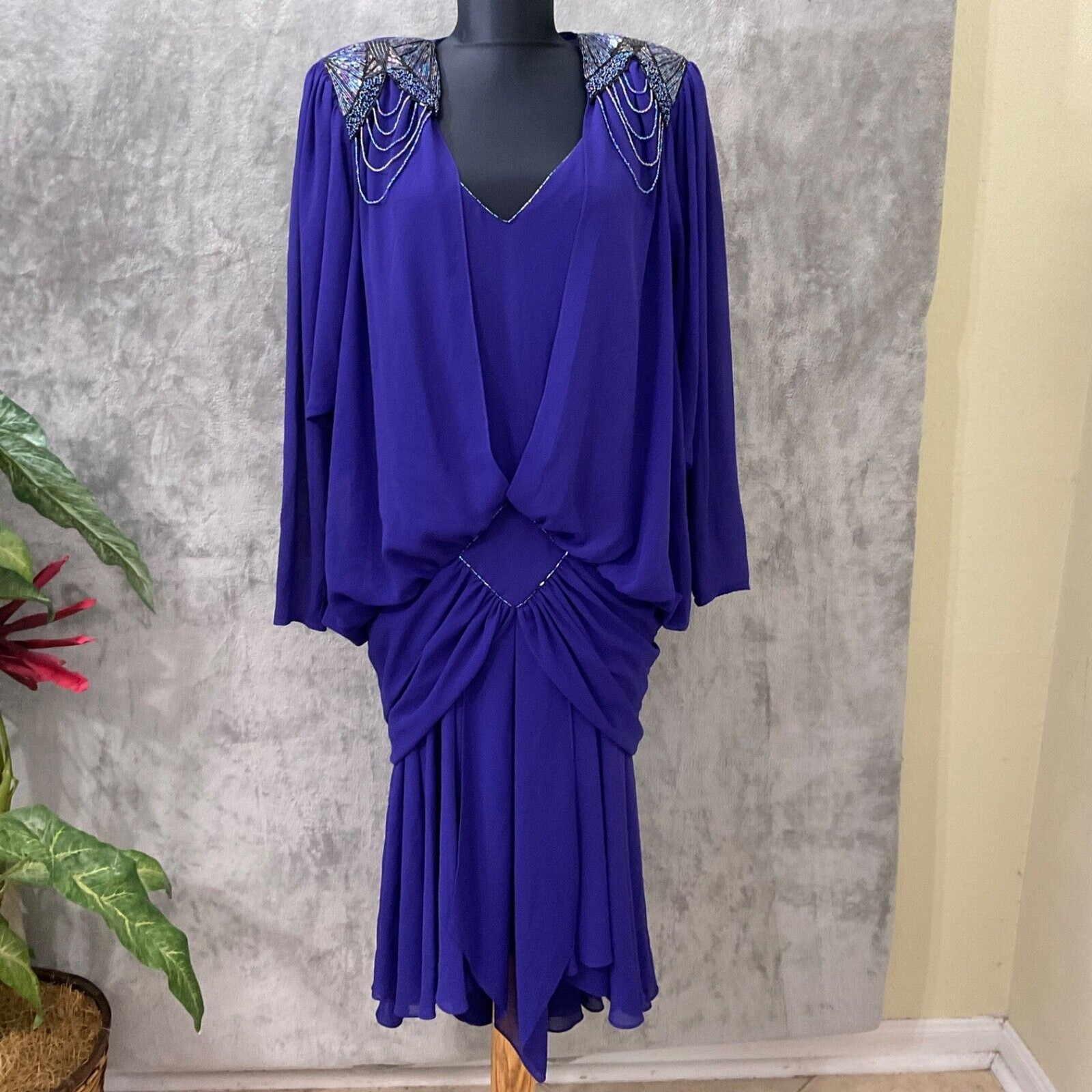 Casadei 1980s Double Layered Formal Dress M/L Purple beaded shoulders Art Deco