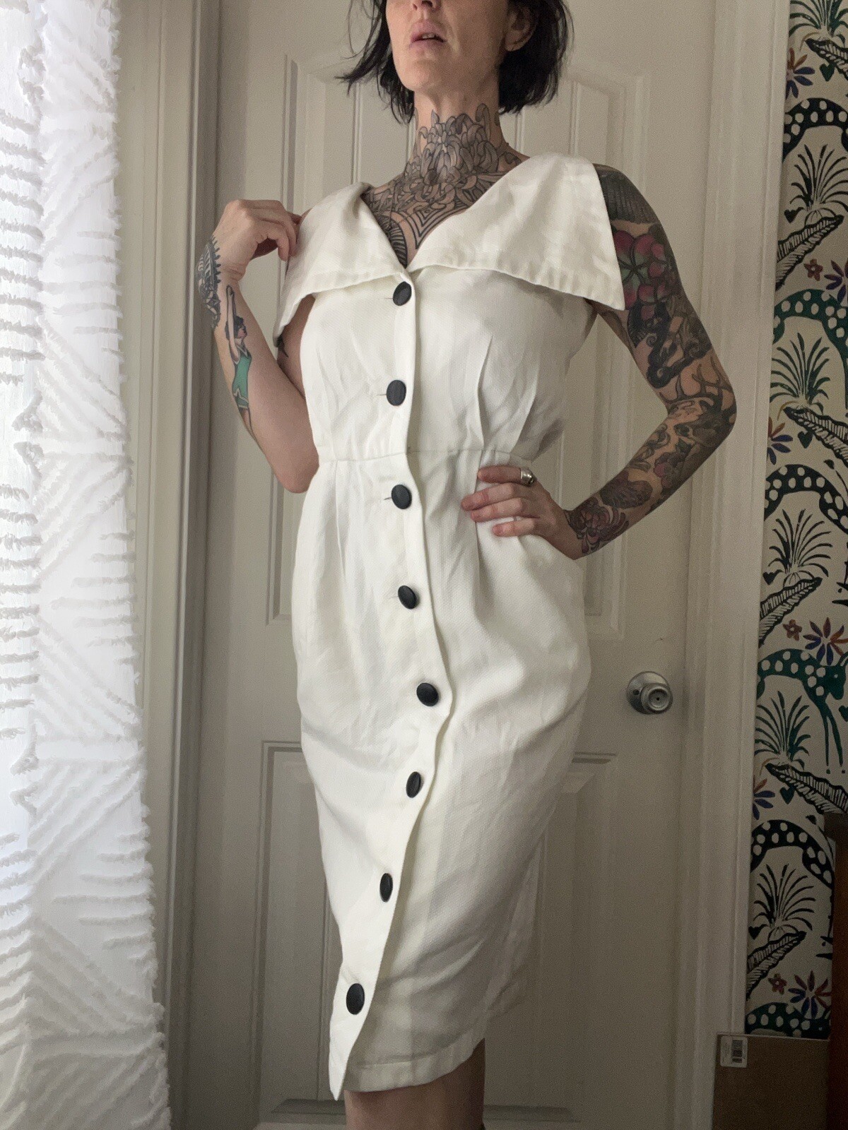 Vtg 80s Anthony Muto For Moroci Cotton Pinup Pencil Dress Old Money Preppy S/M