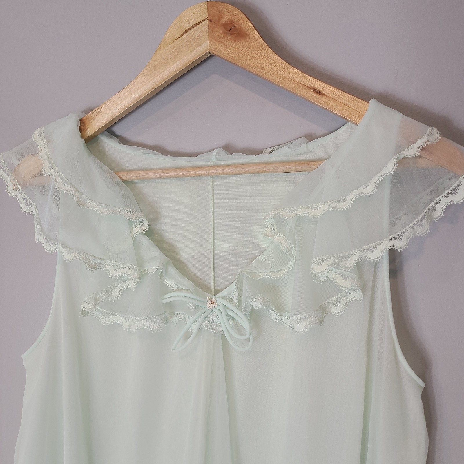 Vtg 50s Sheer Nylon Chiffon Babydoll Peignoir Dress Lace Sz Medium Dainty Green