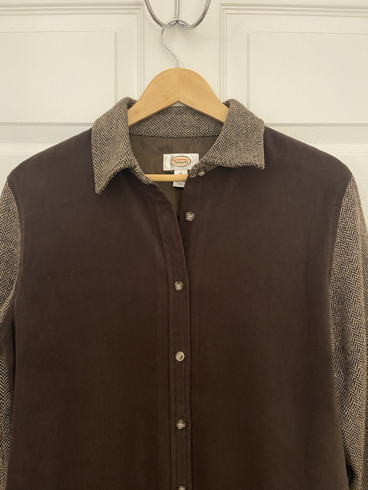 Talbots Vintage Womens 12 (L) Old Money Look Tweed Wool Blend Suede Look Shirt