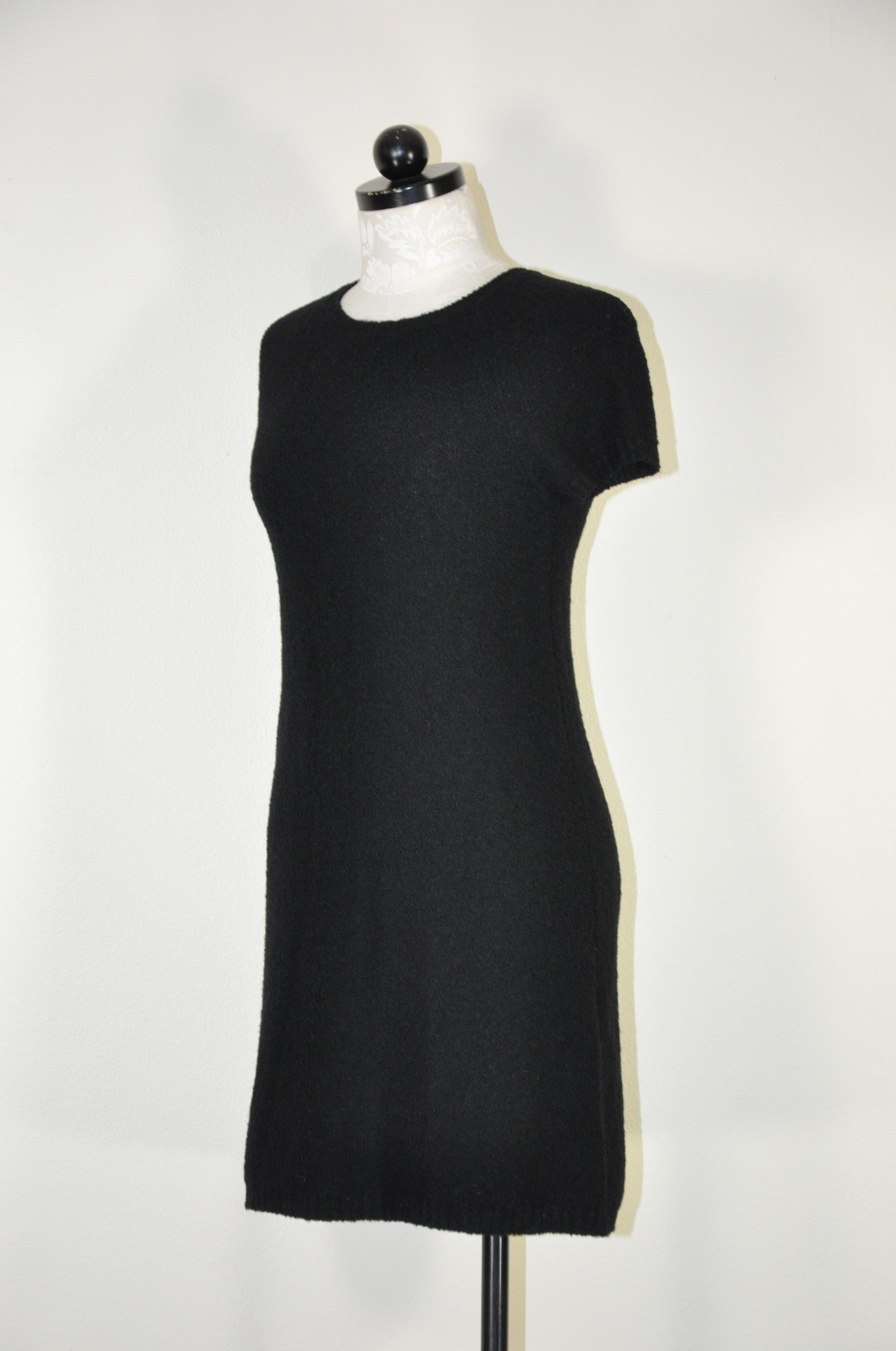 90s Vintage DKNY Black Wool Mohair Short Sleeve Knit Sweater Mini Dress Women S