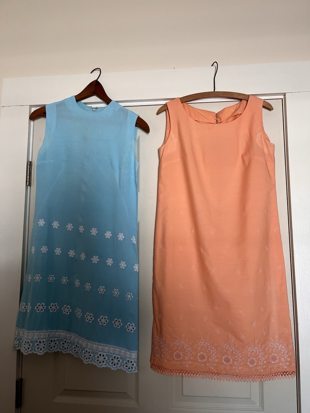 2 Vintage Simple Cotton Shift Dresses With Embellished Hems/Small Size 1968