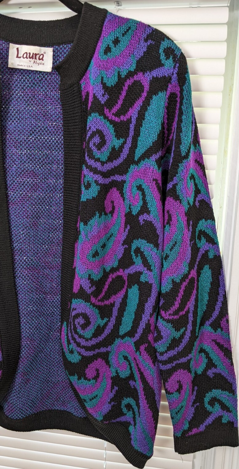 VTG 80s Women’s M/L Open Front Cardigan Sweater Paisley Shoulder Pads EUC