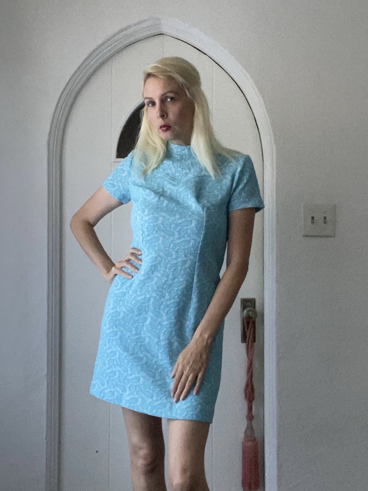 Vintage Handmade Blue Textured Poly Paisley Print Short Dress Sm