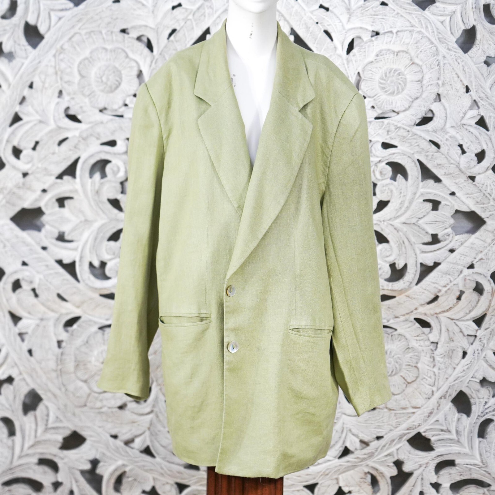 Vintage Jennifer Moore Women Green Linen Blazer M Oversized Padded Shoulders