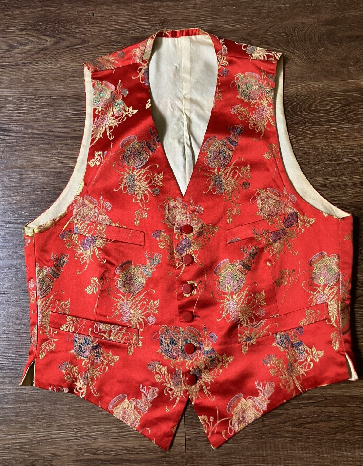 Vintage ’80s/’90s Asian-Inspired Red Brocade Button Up Vest Women’s Medium READ
