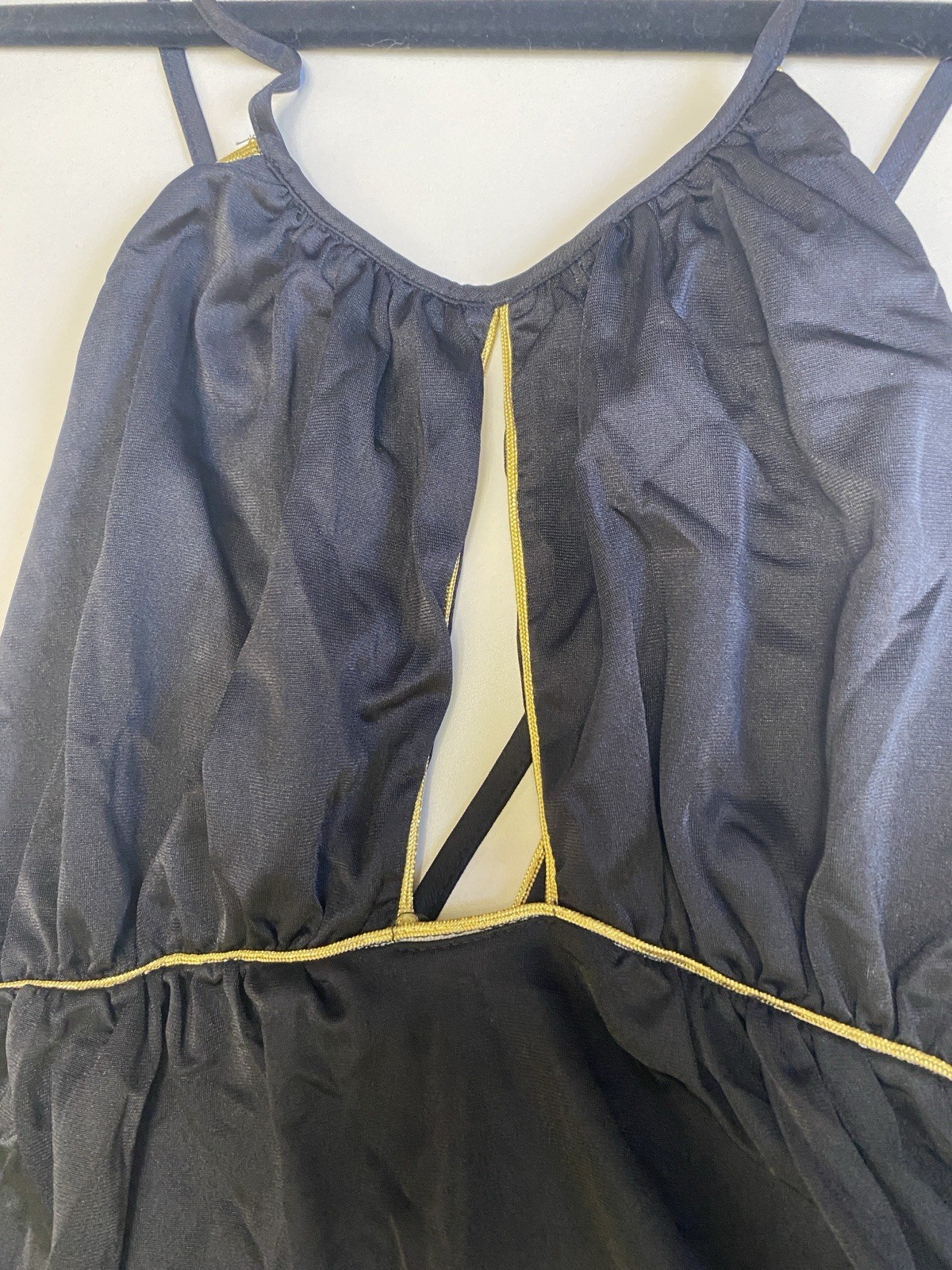 Vtg 60s Lily Of France L Nightgown Maxi Nylon Black Gold Trim Keyhole Low Back