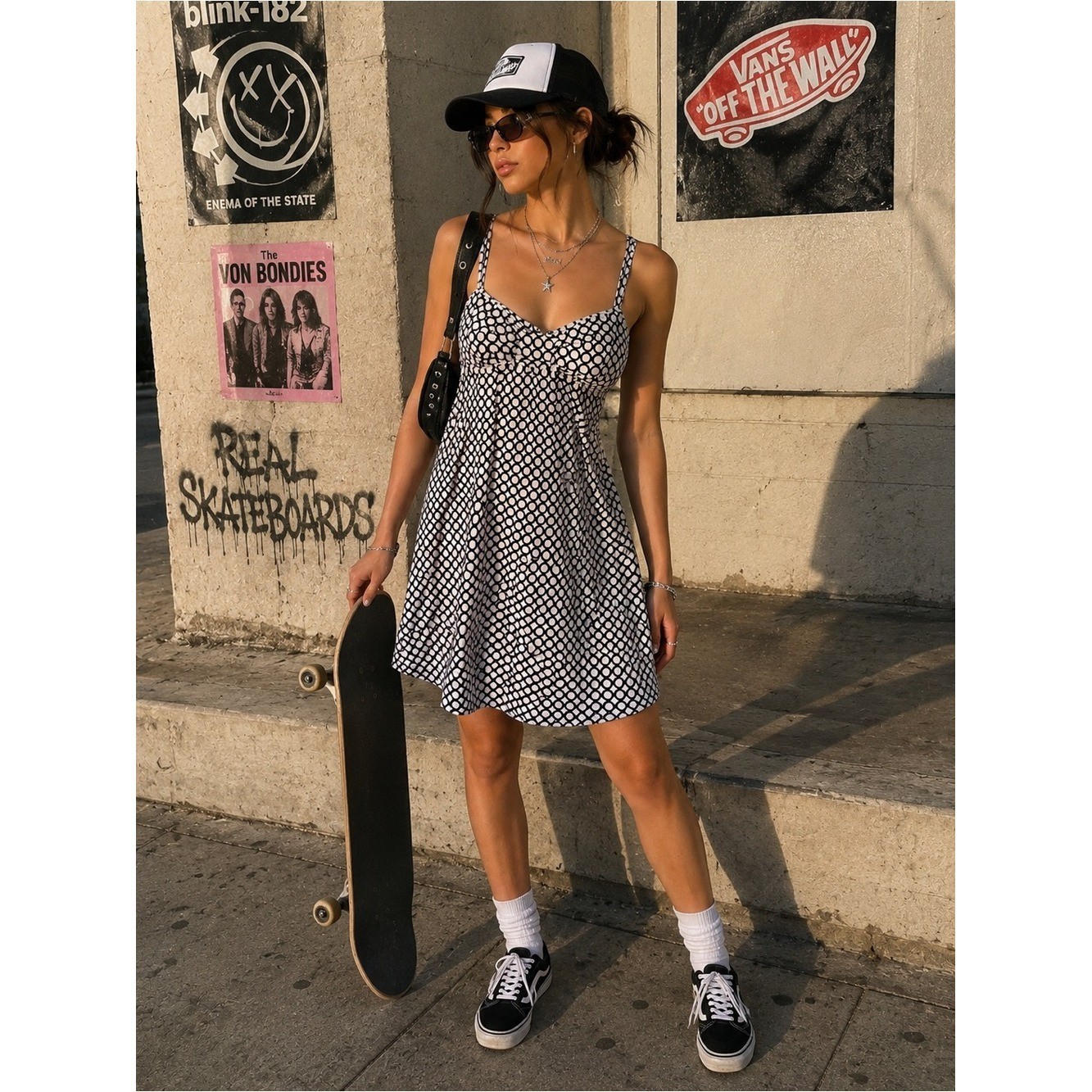 Vintage Volcom Y2K Polka Dot Spaghetti-Strap Skater Mini Dress – Black & White
