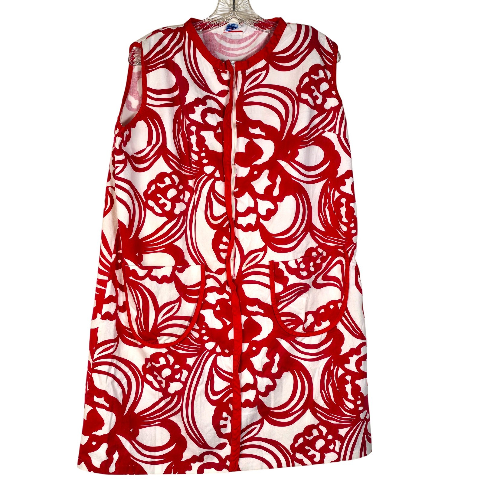 Vintage Zip Front House Dress Size 42 Red White Floral Time Off Loungewear 70s
