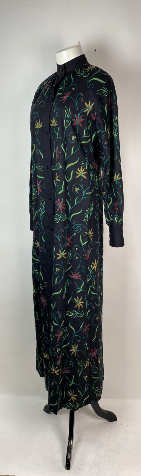 Vintage Y2K High Collar Black Embroidered Long Sleeve cotton shirt Dress M 38″