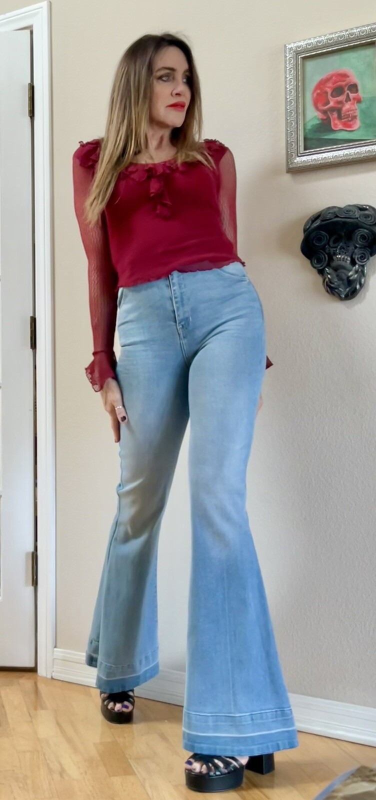 Vtg Y2K Ann Ferriday Maroon Burgundy Grunge Sheer Mesh Top