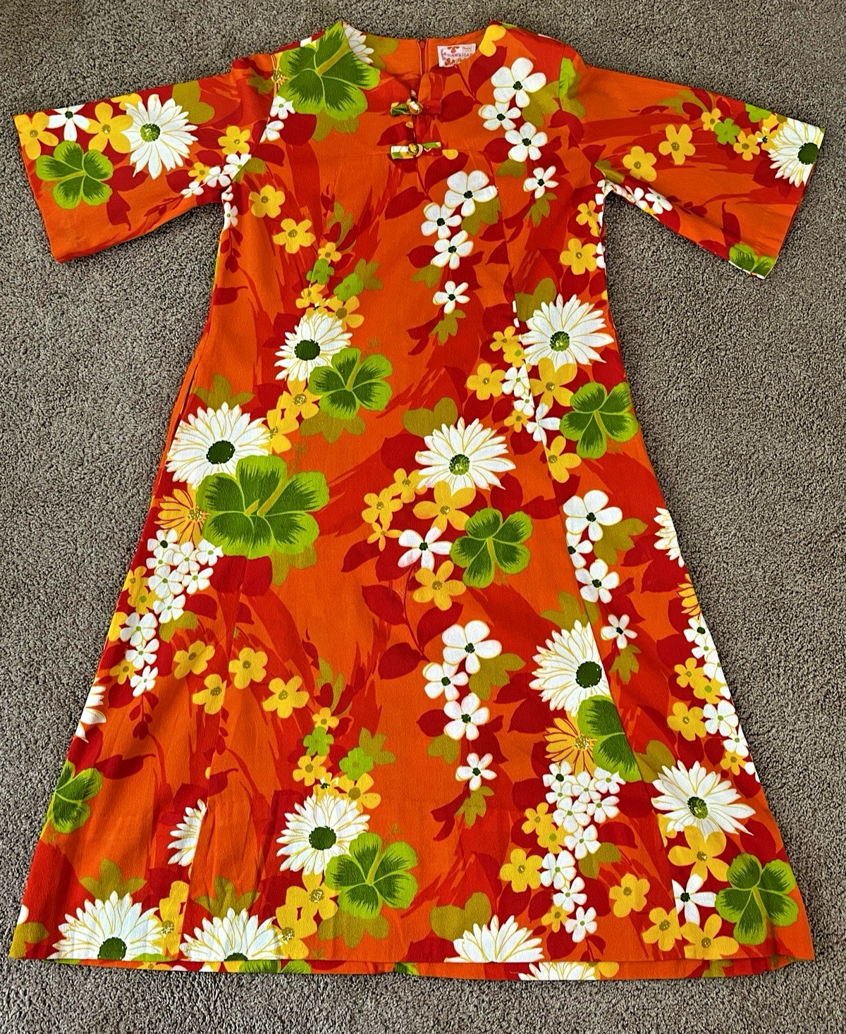 VINTAGE SEARS HAWAIIAN FASHIONS 70s Orange Floral Barkcloth Dayglow Dress – L/XL