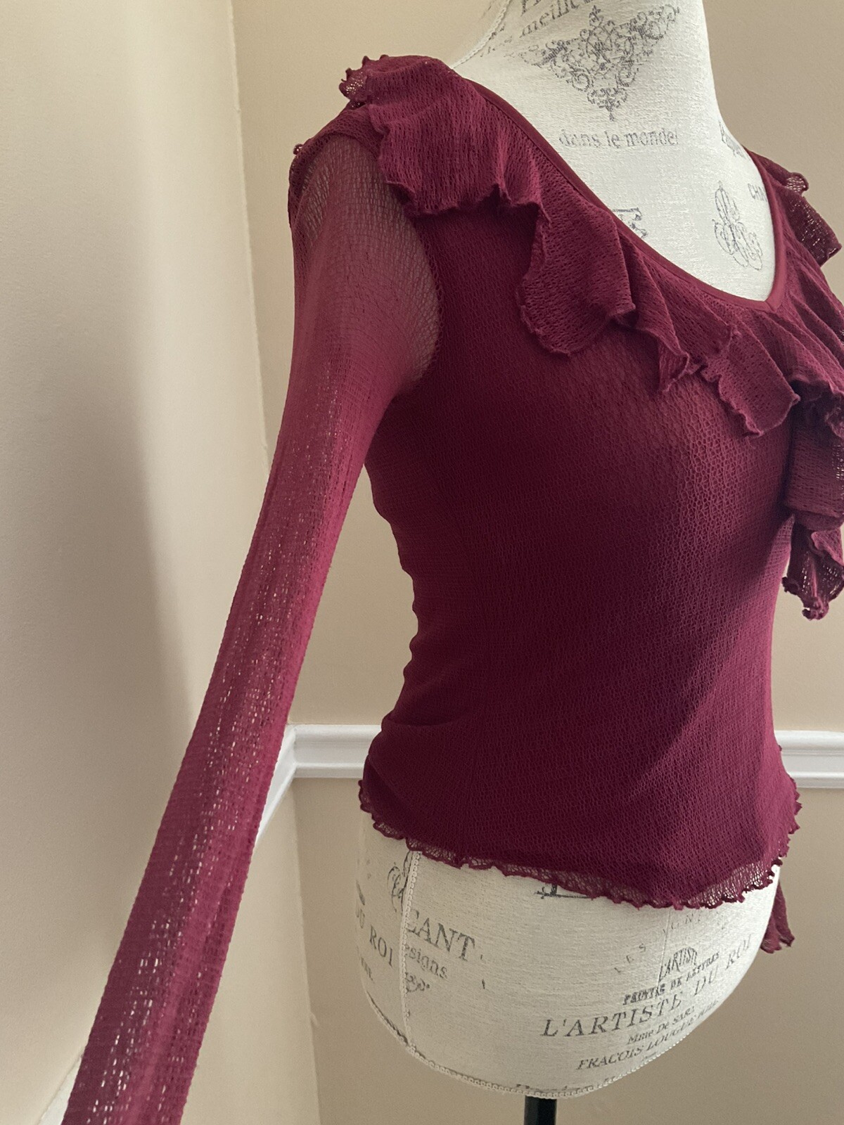 Vtg Y2K Ann Ferriday Maroon Burgundy Grunge Sheer Mesh Top