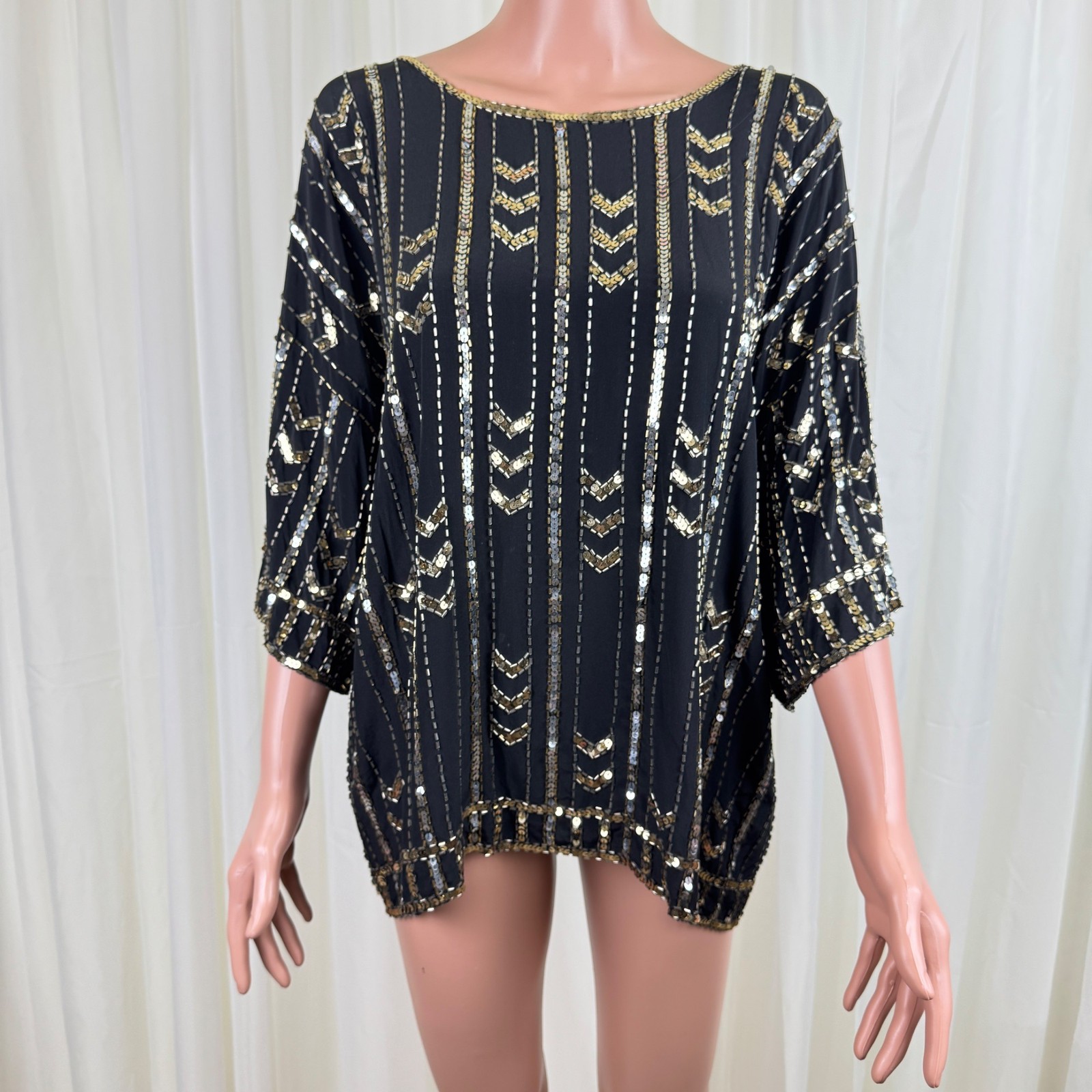 Vintage 80’s Three Flaggs 100% Silk Beaded Sequins Blouse Top Sz Large Black