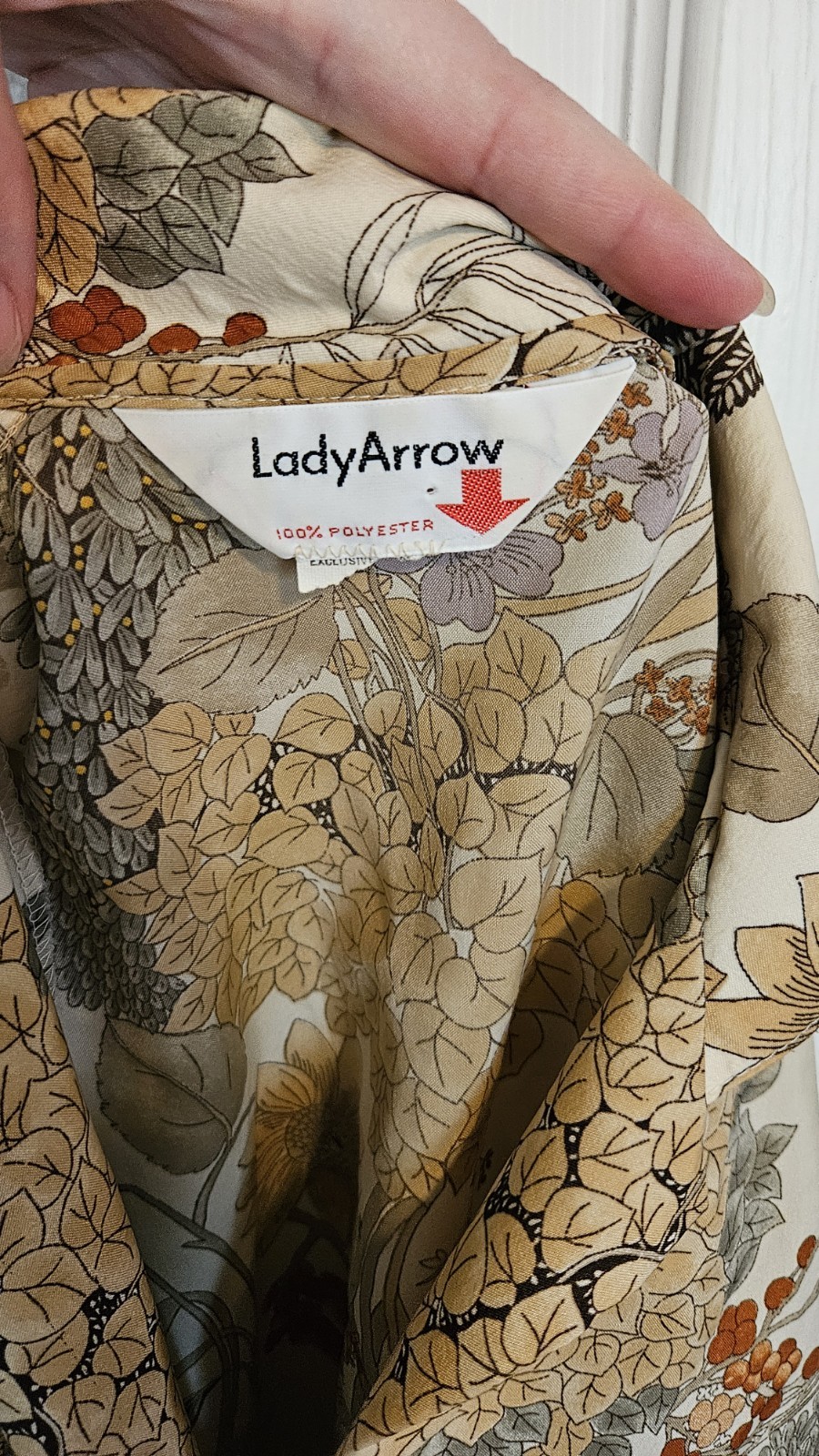 Vintage Lady Arrow Beige Orange Botanical Floral Long Sleeve Blouse Size Medium