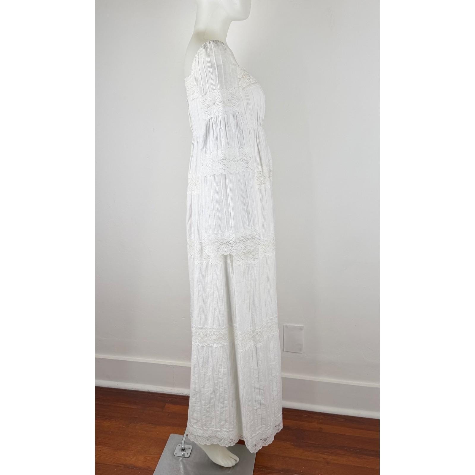 Vintage 70s White Maxi Dress Pleated Cotton Boho Wedding Cottagecore Size S