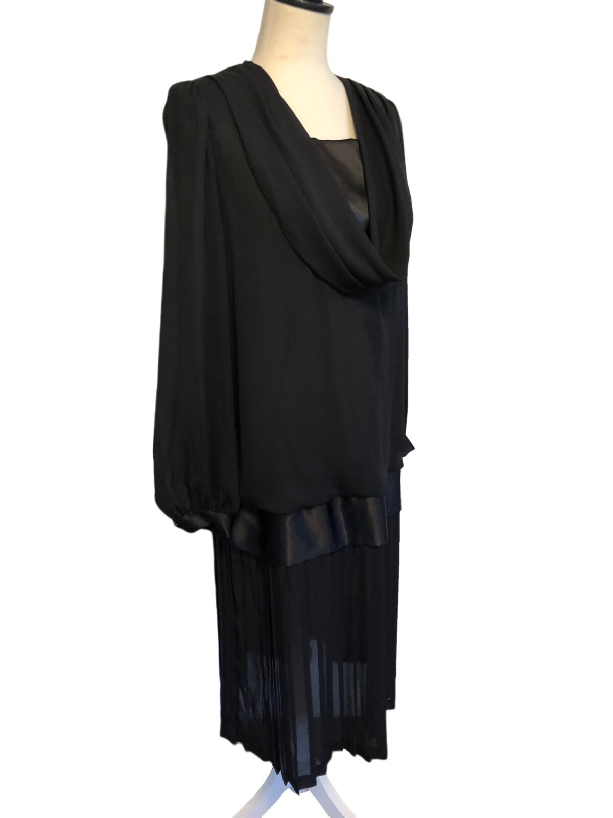 vtg LADY CAROL Black Chiffon Blouson Dress Sz 14 Pleated Drop Waist 80s 90s