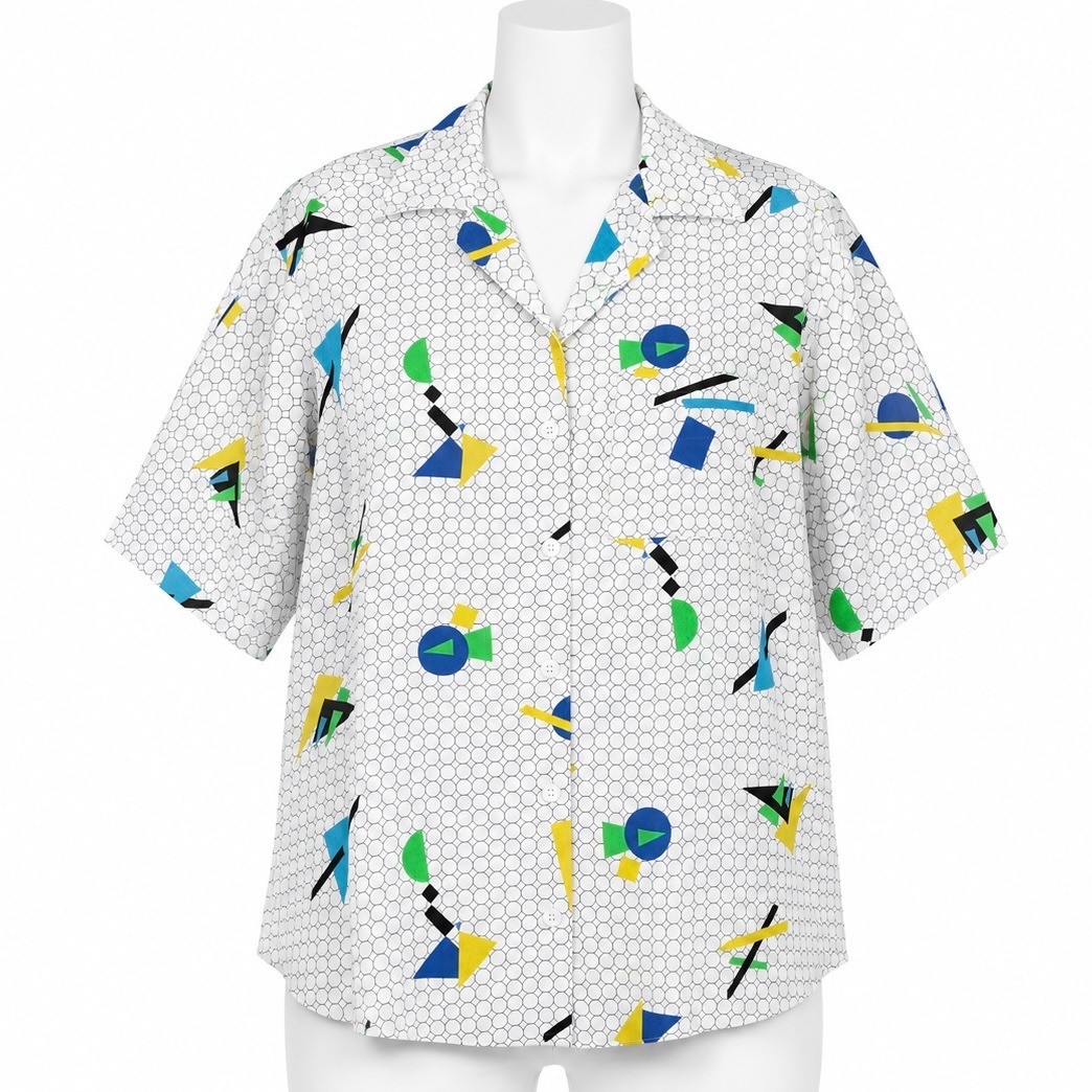 T.S. Reed Button Up Shirt Women 15/16 White Memphis Design Geometric Retro 80s