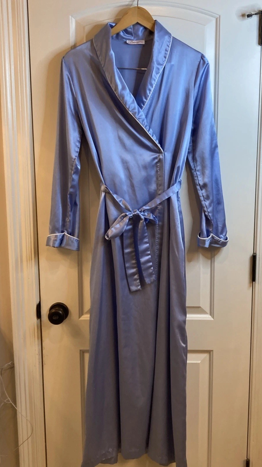 Vintage Brandywine Blue Satin Long Nightgown & Matching Robe Lace Retro MCM M/L
