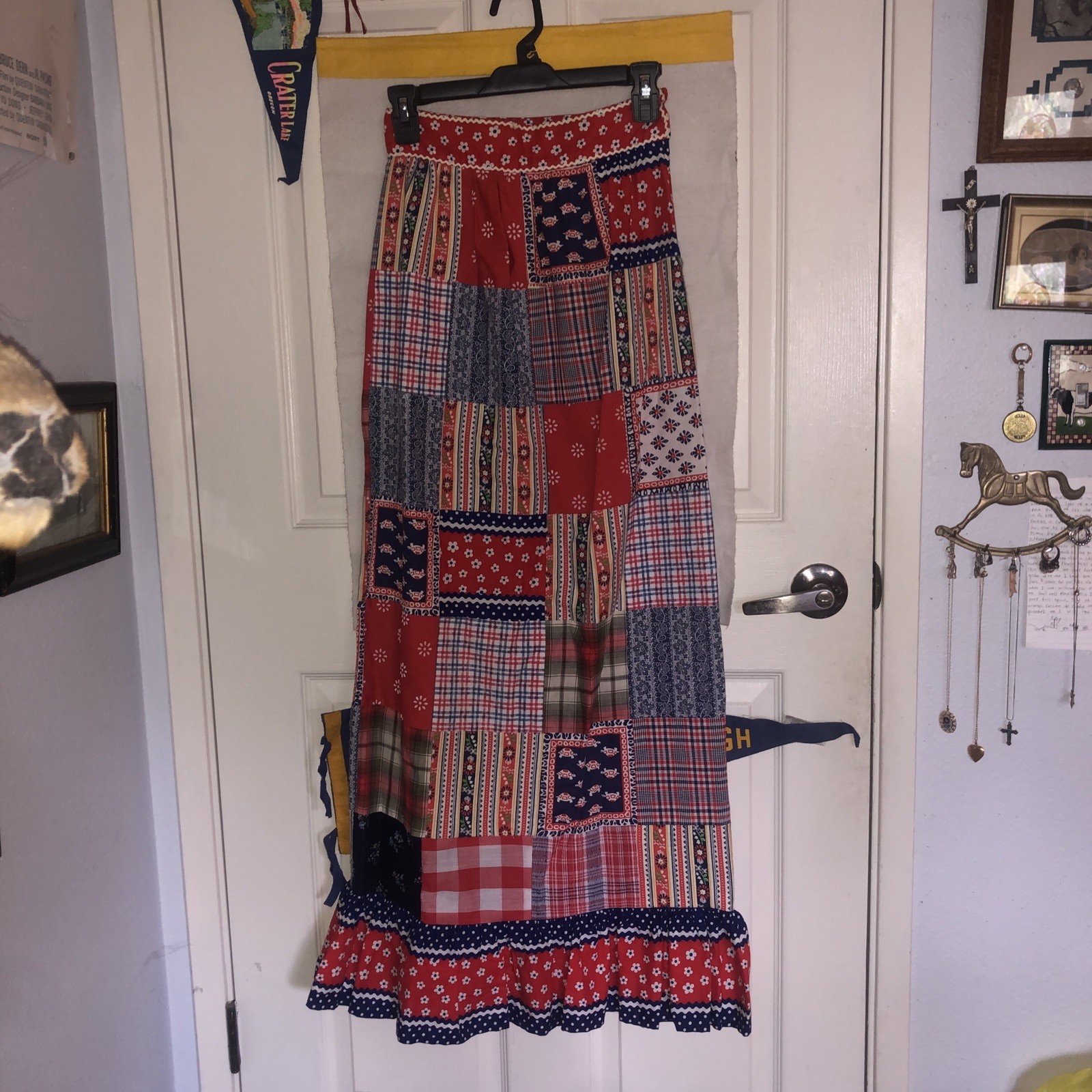 Vintage 70s Patchwork Maxi Skirt XS Red Boho Cottagecore Peasant Prairie